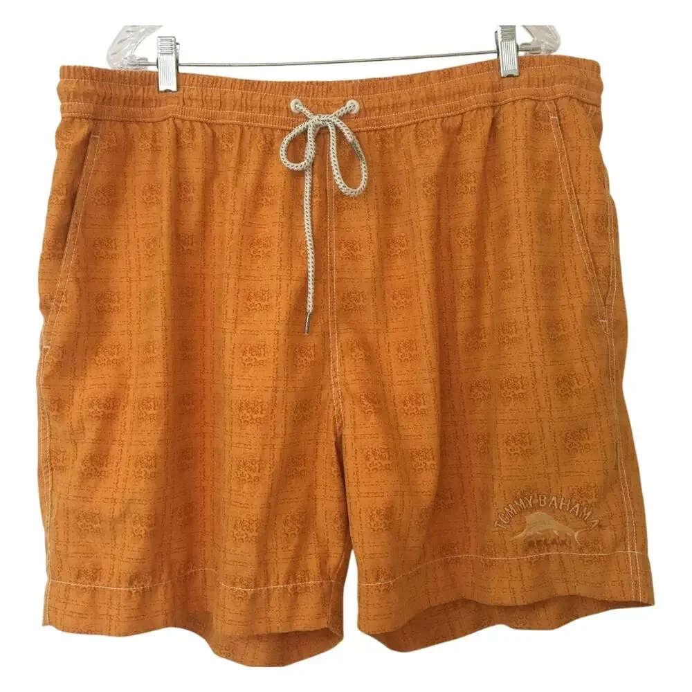 Tommy Bahama Relax Orange Print XXL Swim Shorts Trunks Elastic Draw String Waist